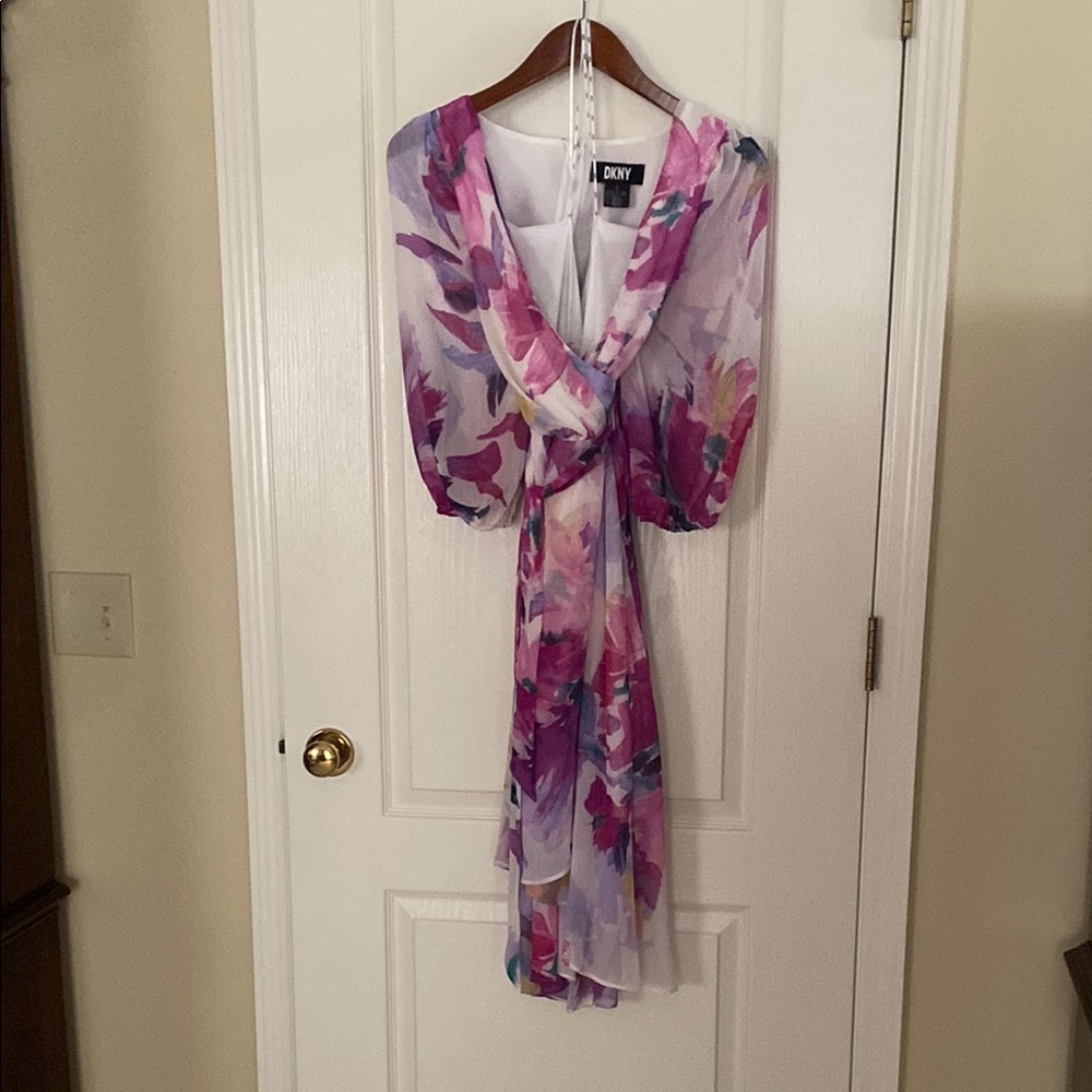 DKNY Purple and Pink Wrap Sundress with Bishop Sleeves